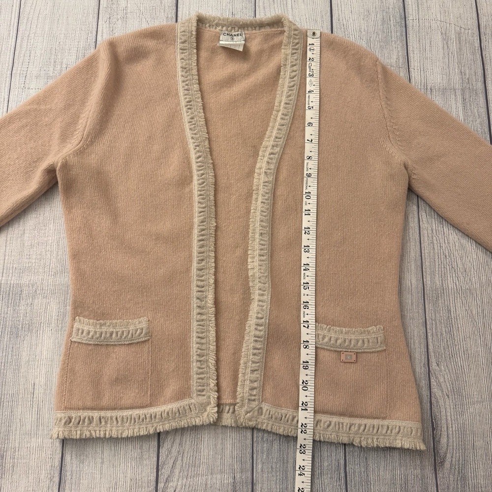 CHANEL 03A Pink 100% Cashmere Fringe Trim Open Front Cardigan Sweater Size 42 - Picture 8 of 13